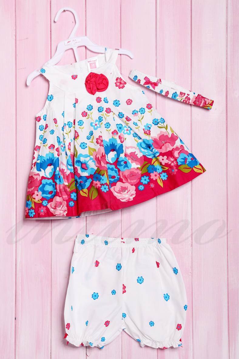 Комплект летний для девочки: платье, шортики и повязка, хлопок, код 56179, арт 212